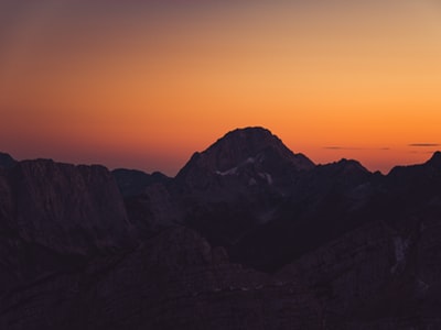 Stock landscape photograph of mountain silhouettes at sunset