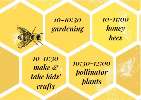 Gardening and pollinator workshop schedule with bees and a honeycomb design